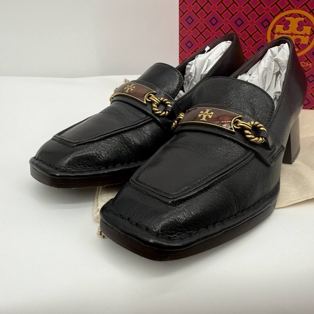 Tory Burch  Perrine Loafer Shoes Size 7.5 Square Toe Block Heel Perfect Black - Picture 7 of 8